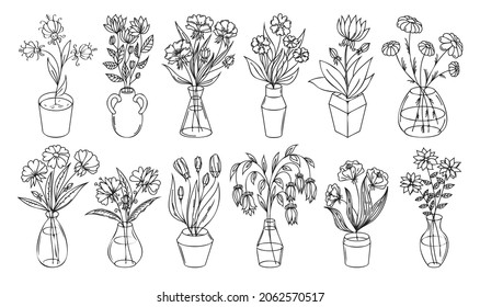 Flowers outline illustration with vase and pot isolated on white background. Vector floral set, house plant line art illustration, flower drawing linear collection.