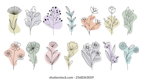 Flowers outline water color clip art set. Spring flower drawing lines clip art in pastel color collection for flat elements decoration. Vector illustration floral outline set.
