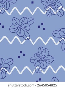 Flowers with outlined petals and zigzag lines create a seamless pattern. Blossoms are interspersed with geometric shapes on a textured background. Cartoon vector illustration.