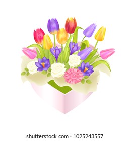 Flowers in oval decorative square box luxury tulips, tender crocus, elegant roses, early spring blossoms vector illustration isolated on white