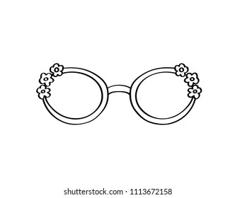 Flowers Oval Eye Glasses illustration, Vintage eye wear frames, Black Outline, retro shape, old lady, freehand, fashion accessory, girl, pretty, women, sight, sunglasses, nerd, geek, optical, shades