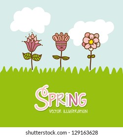 flowers over grass background, card. vector illustration