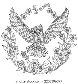 Flowers and owl hand drawn for adult coloring book