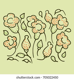 Flowers painted with a brush. Contour pattern of buds with dots. Black lines on a light background.