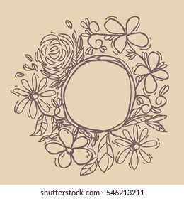 Flowers painted  line on a brown Vintage  background. Vector drawing lines