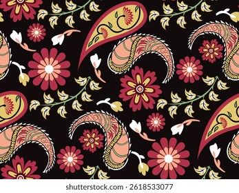 Flowers and paisley seamless pattern India ethnic ornament floral pattern geometric flower pattern.