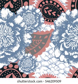 Flowers and paisley vector seamless pattern. Blue peonies and pink paisley decorative shapes. Floral background.