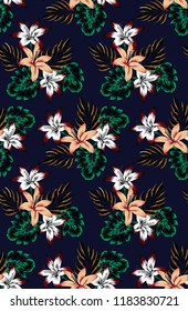 Flowers  and Palm Leaves blue pattern