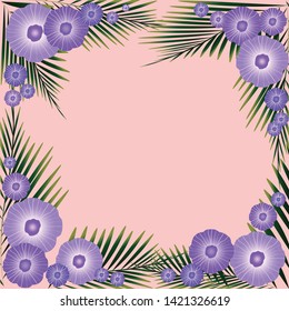 Flowers and palm leaves frame vector, pink background