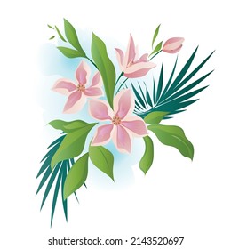 Flowers  with palm leaves vector watercolor illustration. Exotic floral summer nature design background.