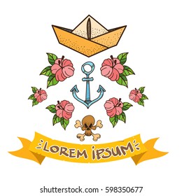 Flowers, paper boat, skull and anchor tattoo. The elements for infographics with a hand-drawing style.