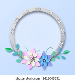 Flowers paper cut with circle and copy space, Beautiful floral bouquet on blue grey background of paper art style ,vector or illustration with greeting card concept