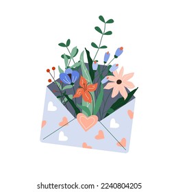 Flowers in paper envelope isolated illustration. Spring floral mail. Vector design concept for Valentines Day, Mother's Day, Women's Day holidays