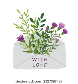 Flowers in paper envelope on white background.