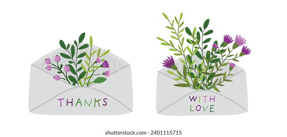 Flowers in paper envelopes on white background.