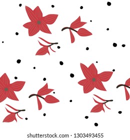 Flowers pattern background. Fashion pattern on white and polka dot backdrop. Red flowers with gold lines