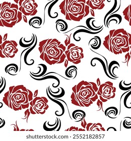 padrão de flores, rosas pretas e brancas, Tetıle sem costura, rosas vermelhas 