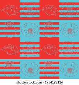 Flowers pattern with blue and red poppies on a blue and red background