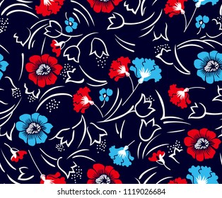 Flowers pattern with branches and leaves on black background for textile pattern,fashion print