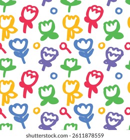 Flowers pattern with brush stroke minimalist. Minimalistic hand drawn Floral Pattern. Hand drawn childish style. Naive flowers painted with brush. Vector modern pattern 