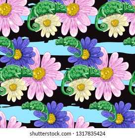 flowers pattern with chamelions vector