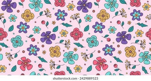 Flowers pattern. Colorful abstract flowers in doodle style. Plant botanical vector background for print packaging, wallpaper, textiles.
