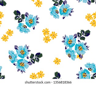 Flowers pattern daises floral design blue and yellow for textile pattern,fashion print
