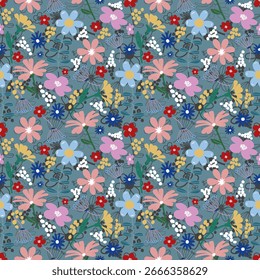  Design de padrão de flores, Padrão floral sem costura, Padrão de flor estética sem costura, Padrão de flor multicolorido sem costura pastel com flores pequenas coloridas. Plano simples fundo de flores brilhantes