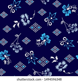 Flowers pattern with Diamond figures blue decorative design for textile pattern,floral print drawing