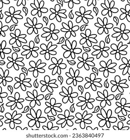 Flowers pattern in doodle style, seamless on a transparent background. For textile and paper design, chamomile, botany