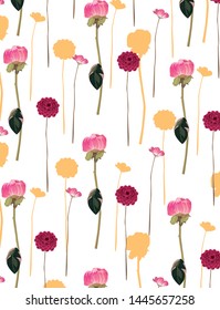 Flowers pattern. Fabric print. Jungle exotic background. Hand made drawing. Vector illustration
