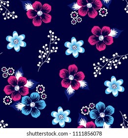 Flowers pattern with leaves beautiful and colorful floral pattern on dark blue background for textile print,fashion design,fabric print