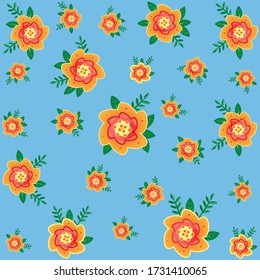Flowers pattern with leaves. Idea for pattern, fabric, textile, postcard. Soft blue floral design. Isolated blooming art. Stylization orange green decoration. Vector illustration. 