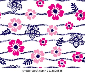 Flowers pattern with leaves on wavy lines for textile pattern,fashion print