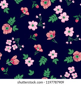 Flowers pattern with leaves for textile pattern,fashion print,on dark blue background