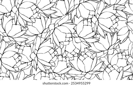 Dibujo del Vector del arte de la línea del patrón de las flores. Dibujo lineal de adorno floral monocromo minimalista. Patrón de flores sin fisuras con plantas de boceto negro sobre fondo blanco