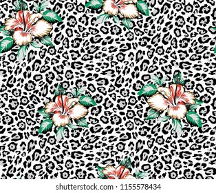 flowers pattern on black and white leopardo background