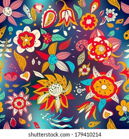 Flowers pattern on blurred background.Floral texture painted with flowers and plants,abstract flowers,floral ornament decoration,seamless wallpaper.Romantic doodle floral background.