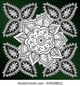 Flowers pattern on gark green gradient background. Vector illustration
