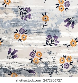 Flowers pattern on grunge painted watercolor background