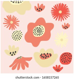 Flowers pattern in pink colors on pastel pink background. Hand drawn fabric, gift wrap, wall art design.