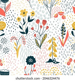 Flowers pattern scandinavian style. Texture with flowers and plants. Floral ornament. 