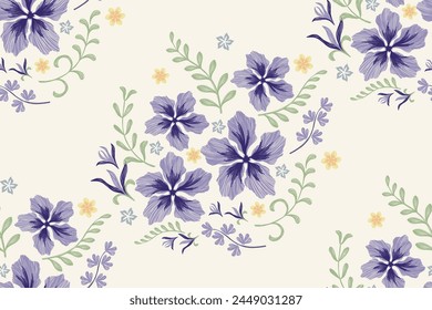 Flowers pattern seamless embroidery background border. Blue Flower motif with leaves Vintage minimal style vector illustration. Hand drawn