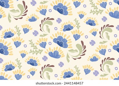 Étnico Ikat floral patrón paisley bordado sin costuras sobre fondo blanco. Motivo floral azul tradicional. Estilo bohemio abstracto ilustración vectorial vintage diseño.