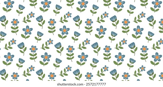 Flowers pattern. Seamless pattern with spring and summer blue floral elements. Vector background with botanical elements for scrapbooking, textiles. 