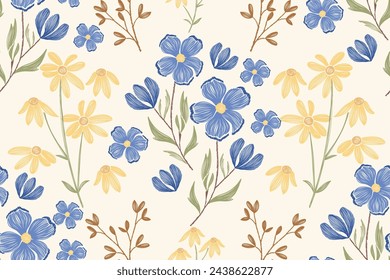 Flowers pattern seamless.Blue flowers Ikat vintage design paisley embroidery with floral motifs. Ethnic pattern oriental traditional. Flowers vector illustration. 