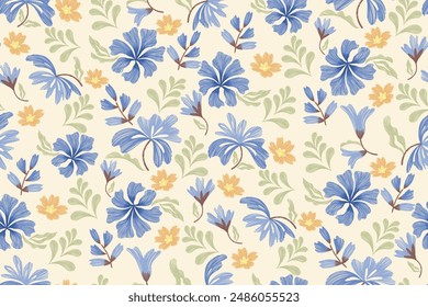 Flowers pattern seamless.Blue flowers Ikat vintage design paisley embroidery with floral motifs. Ethnic pattern oriental traditional. Flowers vector illustration. 