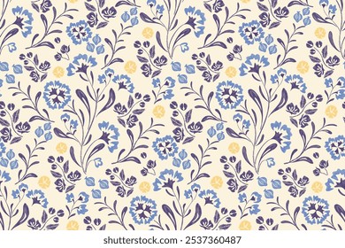 Flores padrão sem emenda.Flores azuis Ikat vintage design bordado paisley com motivos florais. Padrão étnico oriental tradicional. Ilustração do vetor de flores. 