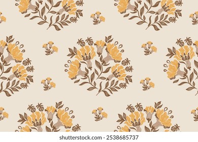 Flowers pattern seamless.Brown orange autumn flowers Ikat vintage design paisley embroidery with floral motifs. Ethnic pattern oriental traditional. Flowers vector illustration. 