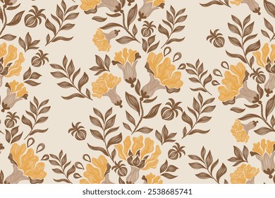 Flowers pattern seamless.Brown orange autumn flowers Ikat vintage design paisley embroidery with floral motifs. Ethnic pattern oriental traditional. Flowers vector illustration. 